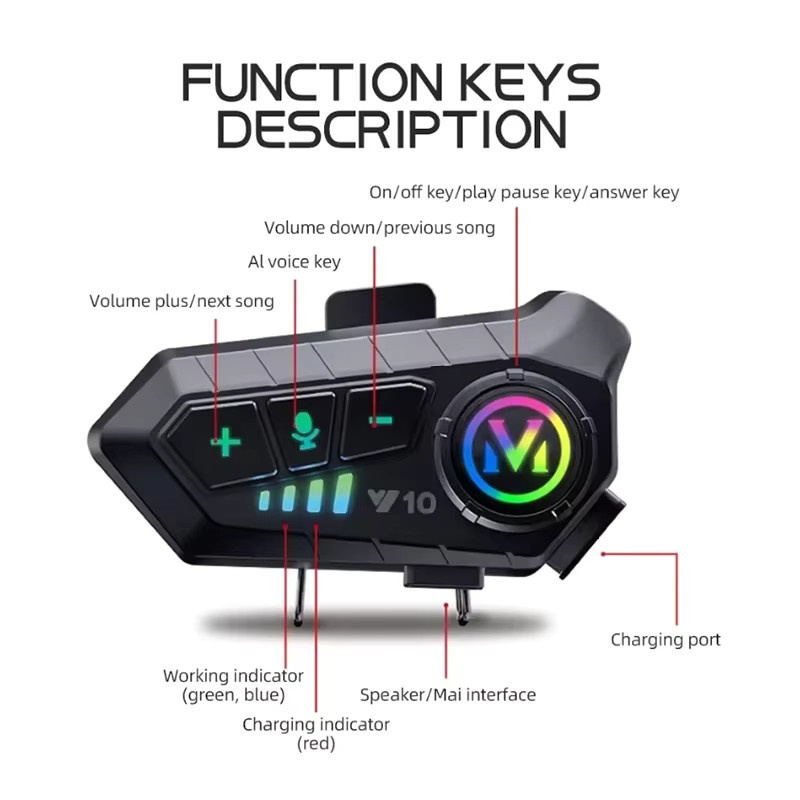 Kebidumei Y10 Bluetooth 5.3 Helm-Headset Schwarz – Wasserdichtes kabelloses Freisprechsystem für Motorräder mit Musikplayer und Lautsprecher - Bild 4