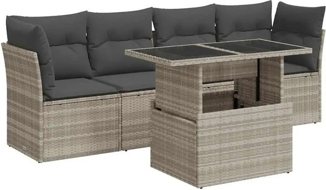 vidaXL 5-teilige Garten-Sofagarnitur in L-Form aus Poly-Rattan in Hellgrau mit Tisch und Polsterkissen - Bild 1