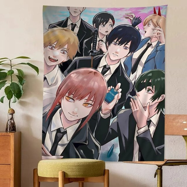 Anime-Wandteppich mit Denji, Makima, Power und Aki Charakterdruck in Schwarz-Weiß, Wandbehang für dein Schlafzimmer und Anime-Raumdekoration, B/H: 40 x 60 cm - Bild 1
