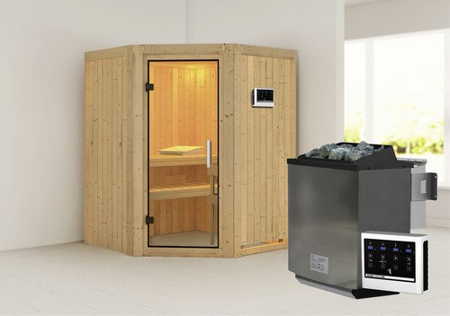 Karibu Sauna Tartu Bio-Kombi-Sauna für 3 Personen mit 9 kW Bio-Kombi-Saunaofen und externer Steuerung, beige - Bild 1