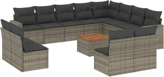 vidaXL 13-teilige Garten-Sofagarnitur aus Poly-Rattan und Akazienholz in Grau mit Kissen - Bild 1