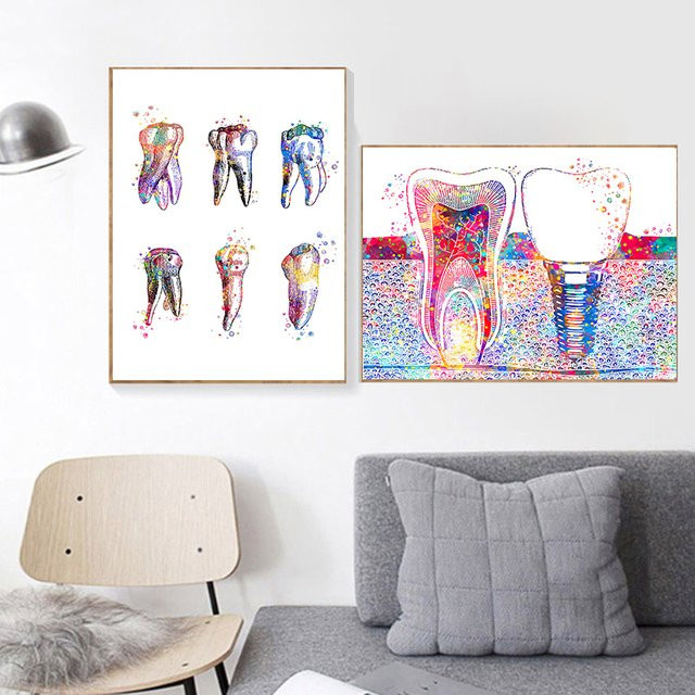 Leinwanddruck Zahnarzt Wandkunst Potdemiel Zahn Aquarell Gemälde für Klinik und Praxis in Mehrfarbig - Bild 1