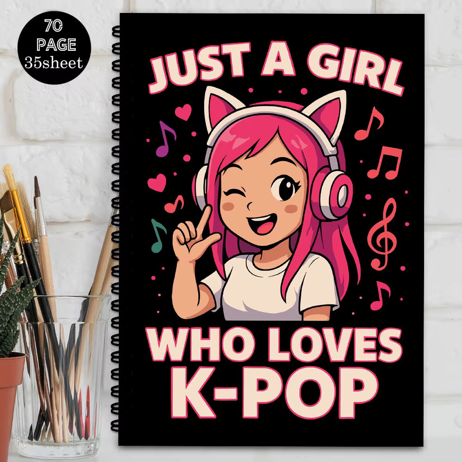 Spiral-Notizbuch mit Katzenohren im K-Pop-Stil, Schwarz, A5, liniertes Softcover aus Papier und Karton - Bild 2
