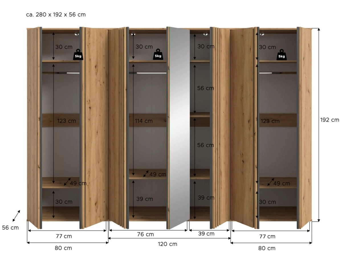 Kleiderschrank Björke mit Spiegel in Artisan Eiche, B/H: 280 x 192 cm - Bild 5