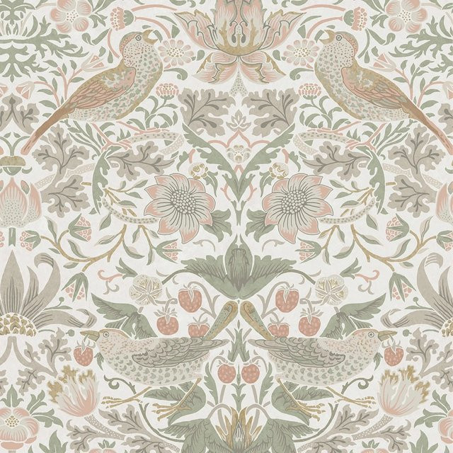 William Morris at Home Vliestapete Strawberry Thief Mehrfarbig mit floralem Art Nouveau Design, Breite: 52 cm, Länge: 10 m - Bild 1