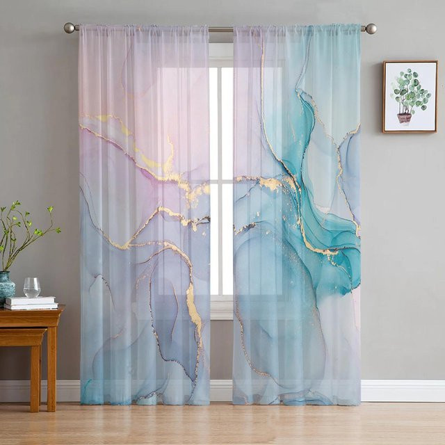 Yiran Furniture Transparenter Vorhang mit Marmor Muster aus Organza und Tüll, Farbe Transparent, B: 135 cm, H: 115 cm - Bild 1