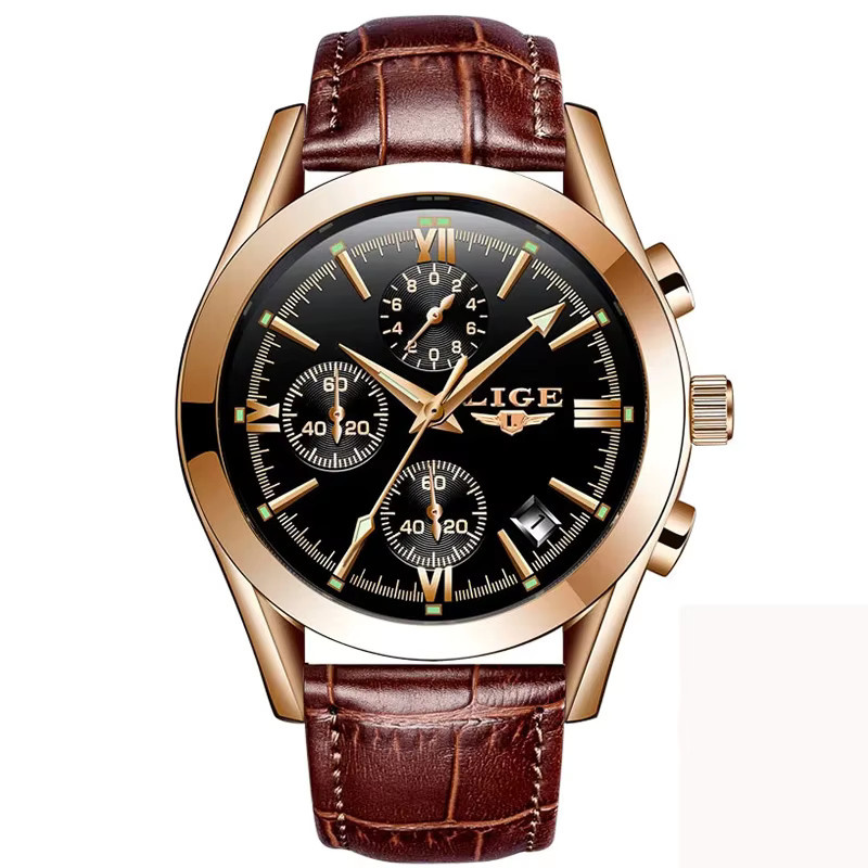 LIGE Chronograph Herren, Quarz, Leder, Schwarz, Roségold, Bicolor - Bild 6