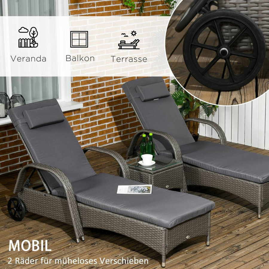 Outsunny 3er-Set Gartenliegen aus Polyrattan und Metall in Grau und Anthrazit mit verstellbarer Kopfstütze und Rollen, B: 73 cm, L: 200 cm, H: 103 cm - Bild 5