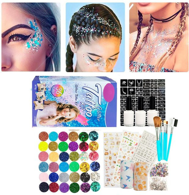 GoolRC Glitzer Tattoo Set, 24 Farben, 93 Muster Vorlagen, Blue, Unisex - Bild 1