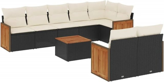 vidaXL 9-teilige Garten-Sofagarnitur in L-Form aus Poly-Rattan und Akazienholz mit Kissen in Schwarz und Cremeweiß - Bild 1