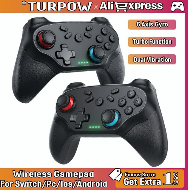Turpow Kabelloser Game-Joystick Controller mit Turbo-Vibration für Nintendo Switch, Pro, OLED und PC in Schwarz - Bild 1