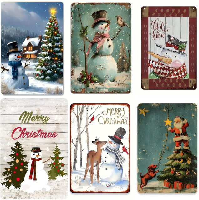 6er Set Potdemiel Metall-Blechschilder im Vintage-Weihnachtsdesign, rustikale Wandkunst aus Eisen in Mehrfarbig, Rechteckig - Bild 1