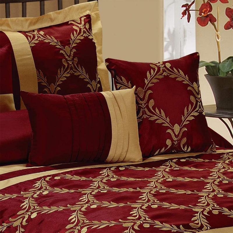 7-teiliges Claremont Bettdecken-Set von Bin Chi Textiles in Burgunderrot und Gold, bestickte Kunstseide mit floralem Muster, atmungsaktiv und knitterarm, B/H: 180 x 200 cm - Bild 2
