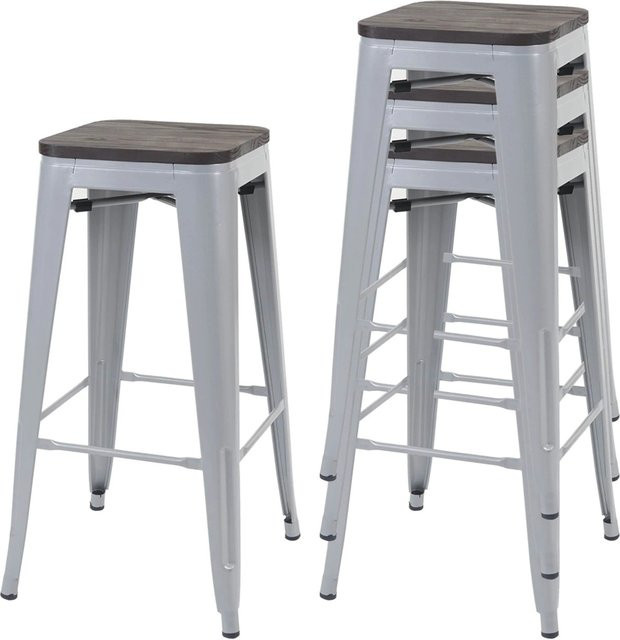 PROREGAL 4er-Set Barhocker im Industrial-Design mit Ulmenholz-Sitzfläche und Metallgestell, Grau/Braun, Sitzhöhe: 76 cm, stapelbar - Bild 1