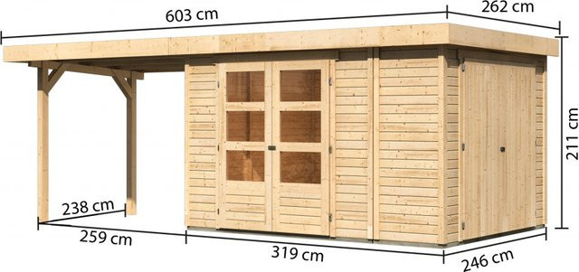 Karibu Gartenhaus Holz RETOLA 4 mit Anbauschrank und Anbaudach, Flachdachhaus aus Massivholz Fichte, Naturbelassen, B/T/H: 238 x 242 x 211 cm - Bild 1