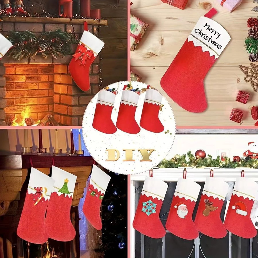 12er Set Weihnachtsstrümpfe aus Polyester in Weiß und Gold mit grünem Rand und Goldfaden als hängende Weihnachtsdekoration - Bild 3
