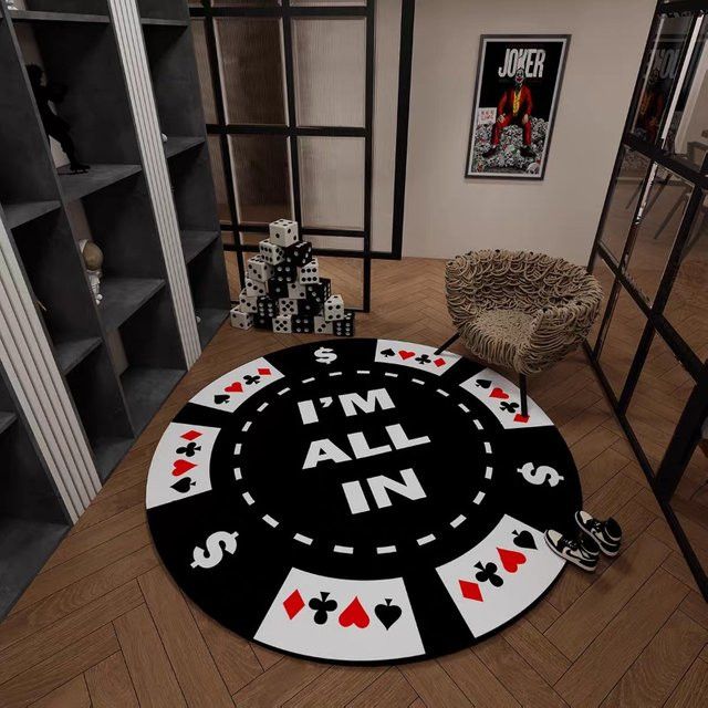 ALL IN Magic Poker Card Teppich in Schwarz-Weiß, runder gemusterter Teppich im amerikanischen Stil mit Chip-Design, waschbar und weich - Bild 1