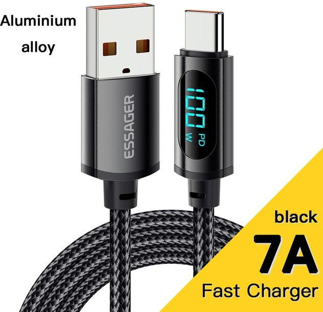 Essager USB Typ C auf USB C Schnellladekabel 100W 7A mit Datenanzeige, schwarz, Länge: 2 m - Bild 1