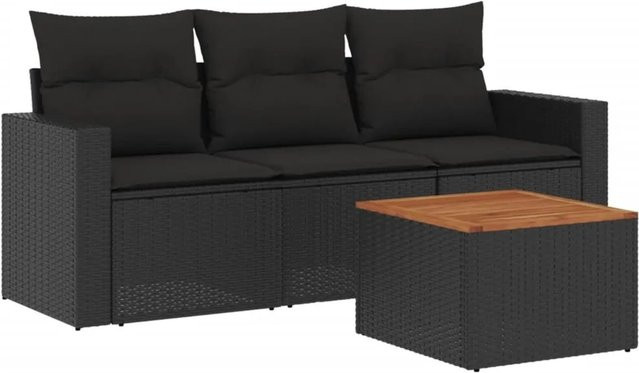 vidaXL 4-teilige Garten-Sofagarnitur aus Poly-Rattan und Akazienholz in Schwarz mit Kissen - Bild 1