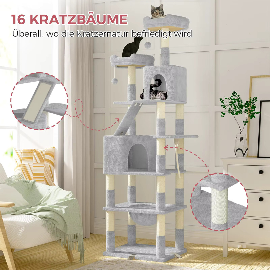 Dogat XXL-Katzenbaum aus Holz mit Hängematte in Grau und Pink, Höhe: 208 cm - Bild 2