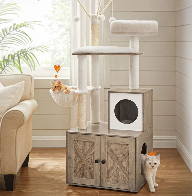 FEANDREA 2-in-1 Kratzbaum mit integriertem Katzenklo-Schrank aus MDF und Sisal in Beige - Bild 1