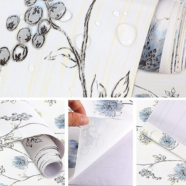 KALYNN Vintage selbstklebende Tapete mit blauem Blumenmuster, wasserdichte Möbelfolie, B/B/H: 45 x 45 x 45 cm - Bild 1