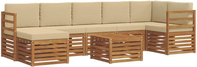 vidaXL Sofagarnitur 8-teilig L-Form aus Massivholz Akazie in Natur und Beige mit Polsterung und Kissen - Bild 1