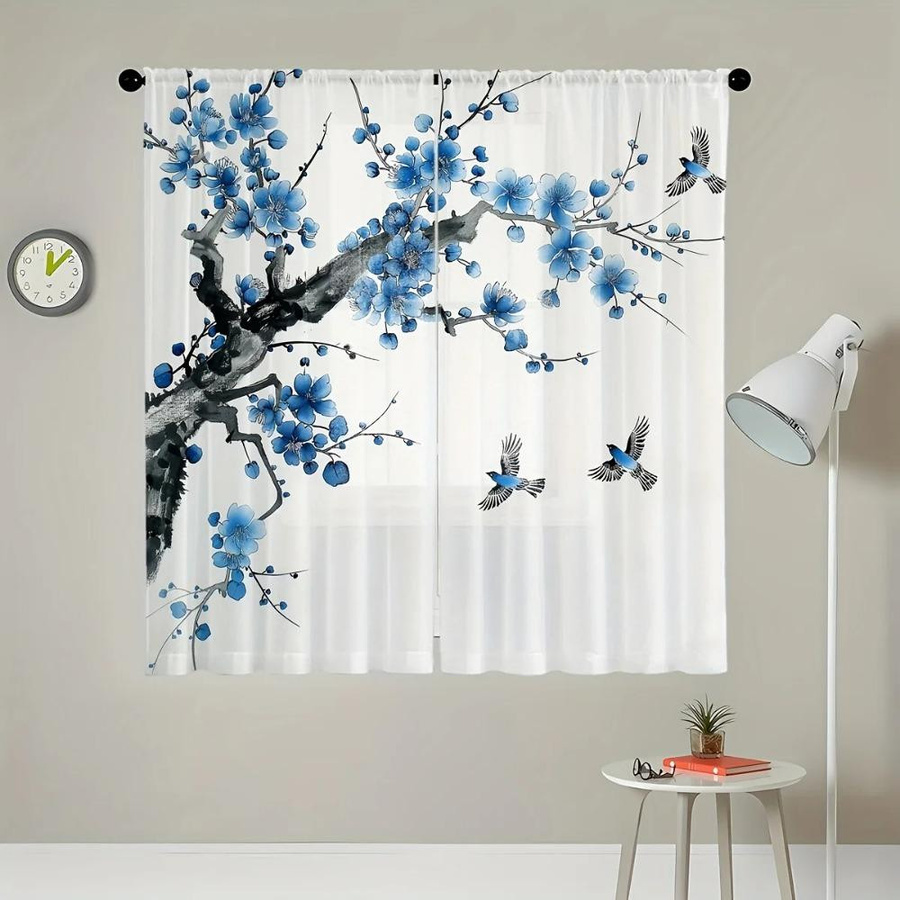 2er-Set Yiran Furniture Voile-Fenstergardinen mit Blumen- und Vogelmuster in Blau, halbtransparent, B: 100 cm, H: 130 cm - Bild 1