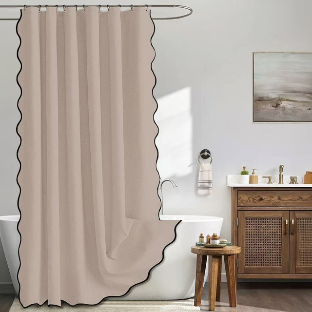 Wasserdichter Duschvorhang aus Kunstleinen mit Wellenkante in Apricot, B/H: 180 x 200 cm - Bild 1