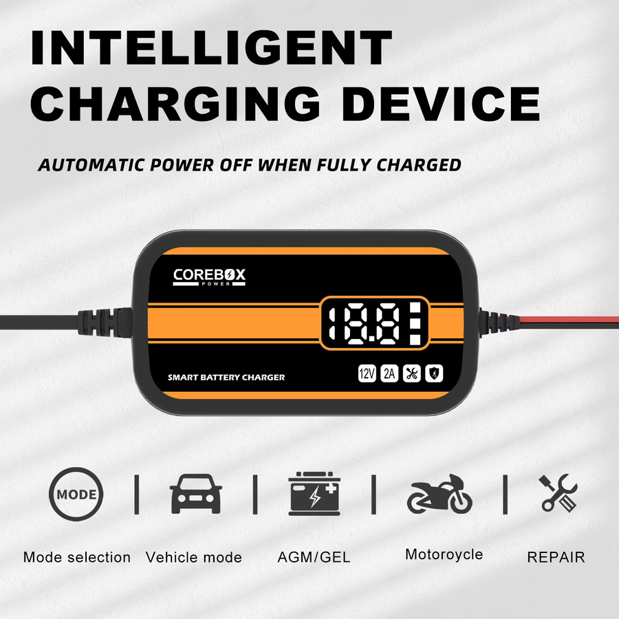 Intelligentes 12 V 2 A Batterieladegerät mit LCD-Display für Auto, Motorrad, Wohnmobil, ATV und Boot, passend für Blei-Säure, AGM und Gel Batterien, Schwarz-Orange - Bild 3