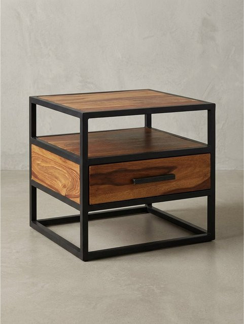Nachttisch KADIMA DESIGN aus Massivholz und Metall in Braun im Industrial-Stil, B/T/H: 50 x 45 x 45 cm - Bild 1