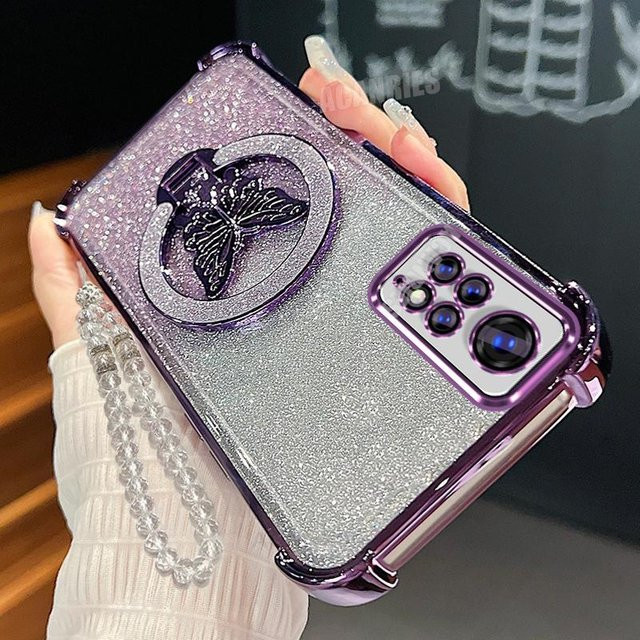 Xiaomi Redmi Note 11s Pro 4G 5G Silikon Schutzhülle mit Schmetterling Lanyard und Ständer in Transparent und Purple - Bild 1
