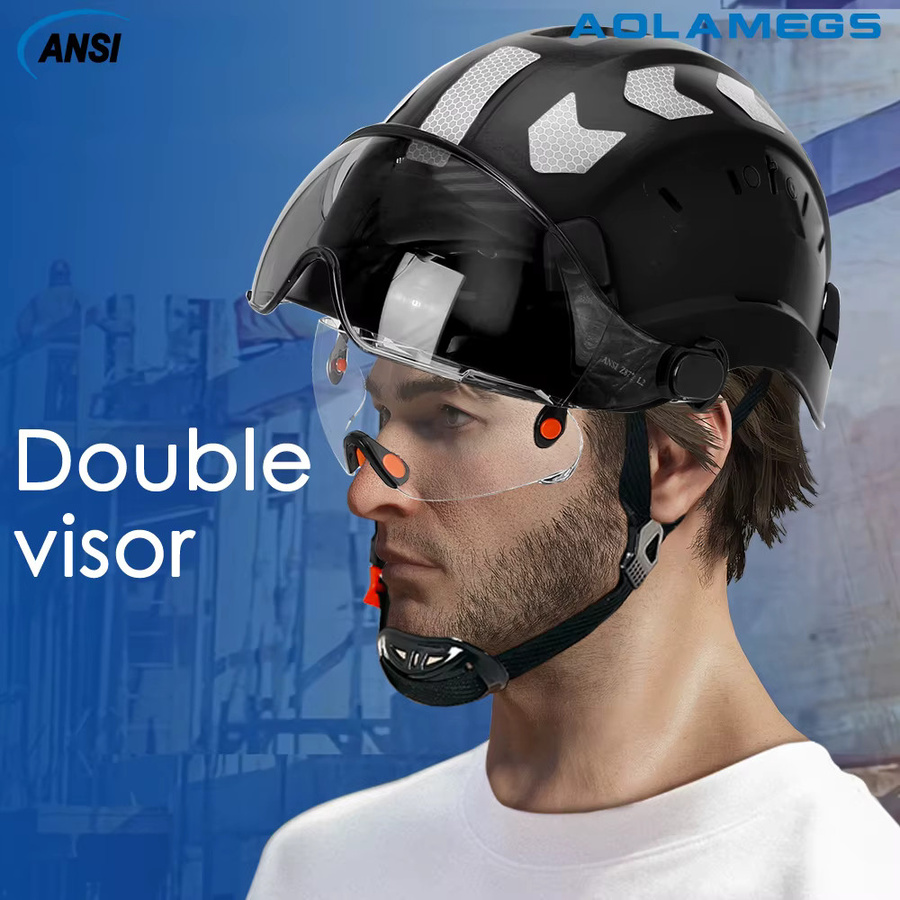 Aolamegs CE-Konstruktionsschutzhelm aus ABS-Kunststoff mit Visier, integrierter Schutzbrille und reflektierenden Aufklebern in Gelb und Schwarz - Bild 4