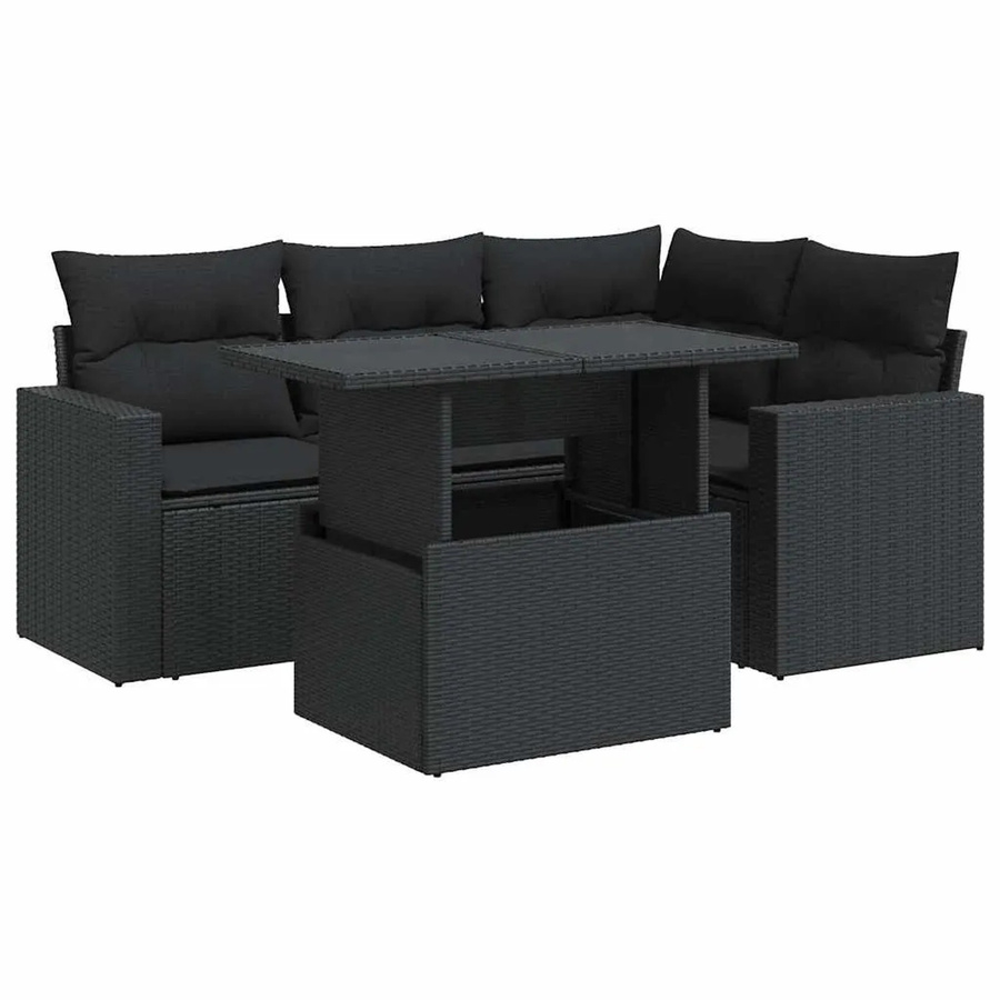vidaXL 5-tlg. Garten-Sofagarnitur in L-Form aus schwarzem Poly-Rattan mit Kissen und pulverbeschichtetem Stahlgestell - Bild 2