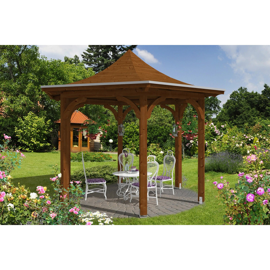 Skan Holz Pavillon Versailles aus Leimholz mit Zeltdach in Nussbaum Braun, B/H/T: 418 x 332 x 360 cm - Bild 2