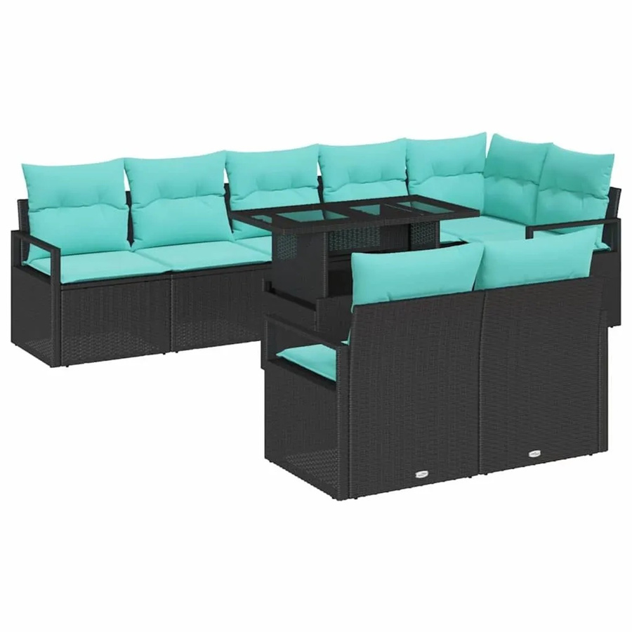 vidaXL Gartensofa-Set 9-teilig in U-Form aus Poly-Rattan mit Speicherfunktion und Polstern, Schwarz und Blau - Bild 2