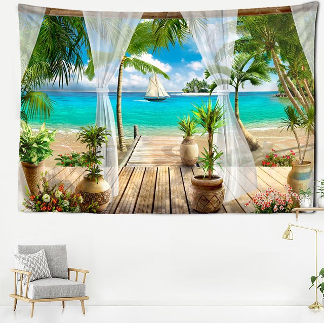 Minimalistischer Wandteppich mit tropischer Küstenlandschaft in Multicolour als dekorativer Wandbehang für dein Wohnzimmer oder Schlafzimmer - Bild 1