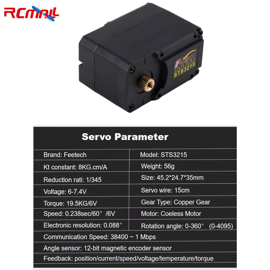 Feetech STS3215 Magnetisches Kodierungsservo 360 Grad Hochpräzises Feedback serieller Bus TTL-Servo in Schwarz - Bild 3
