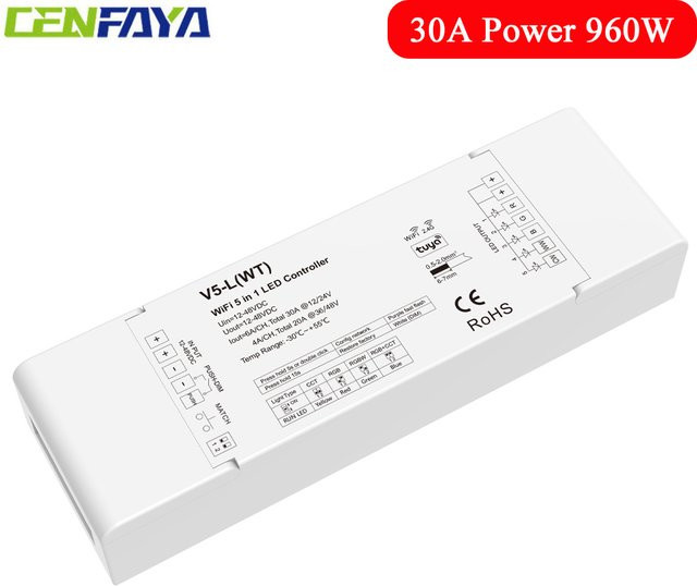 CENFAYA 5in1 WiFi LED Controller mit Tuya App Sprachsteuerung und Musikmodus, DC 12V 24V 36V 48V 30A Dimmer mit AC Druckschalter, Farbe Weiß - Bild 1