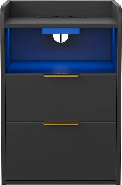 PXloue Nachttisch Beistelltisch in Schwarz mit LED-Beleuchtung, Ladestation und Geheimfach, B/T/H: 40 x 40 x 60 cm - Bild 1