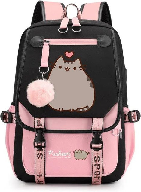 3-teiliges Schulrucksack-Set mit Katze-Motiv in Pink aus Oxford-Stoff inklusive Federmäppchen und Schultergurt - Bild 1
