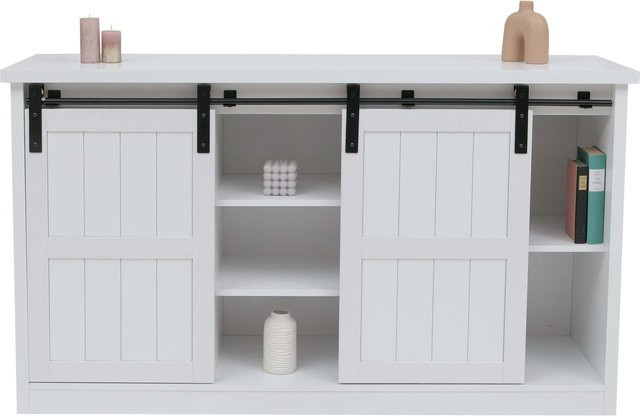 Sideboard MCW-K75 Highboard Regal mit Schiebetüren und 7 Fächern in Holz-Optik und Metall im Industrial Design, Farbe: Weiß, B/H/T: 150 x 84 x 40 cm - Bild 1