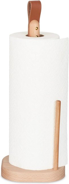 Relaxdays Küchenrollenhalter aus Buchenholz mit Lederdetail in Braun, freistehend mit Abrollstopp, H: 35 cm, B: 13 cm, T: 13 cm - Bild 1