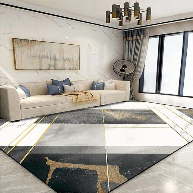 Moderner geometrischer Teppich von Karpetti in Gold und Weiß, weich und rutschfest, B/T: 160 x 200 cm - Bild 1