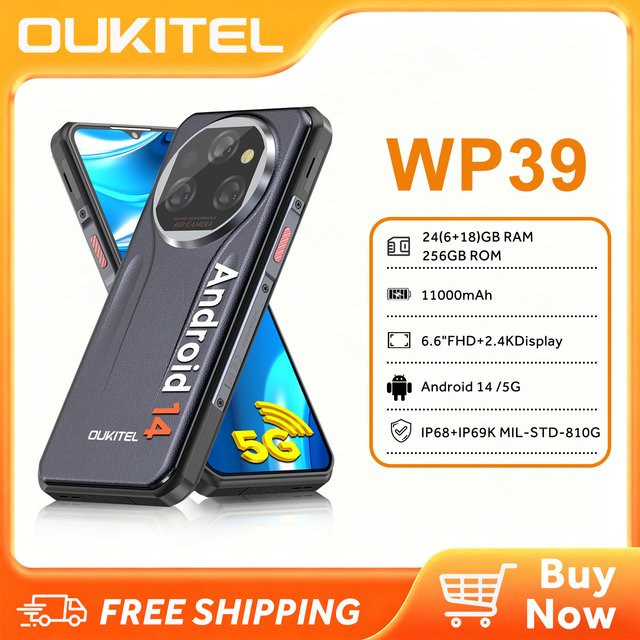 OUKITEL WP39 Robustes 5G-Smartphone mit 256 GB Speicher, 6,6 Zoll FHD+ Display, Android 14 und 11000mAh Akku, IP68 wasser- und staubdicht, Farbe: Schwarz - Bild 1