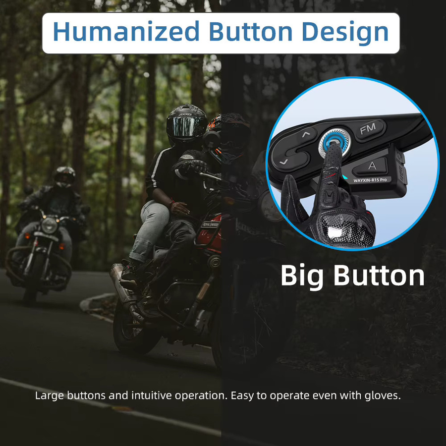 WAYXIN R15 Pro Helm-Headset in Schwarz: Wasserdichte Motorrad-Gegensprechanlage mit FM-Radio und universeller Kopplung für bis zu 8 Fahrer - Bild 3