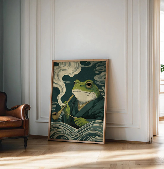 Vintage Japanisches Frosch-Poster von SHENCHEN als skurriler Wanddruck mit rauchendem Frosch in Mehrfarben - Bild 1