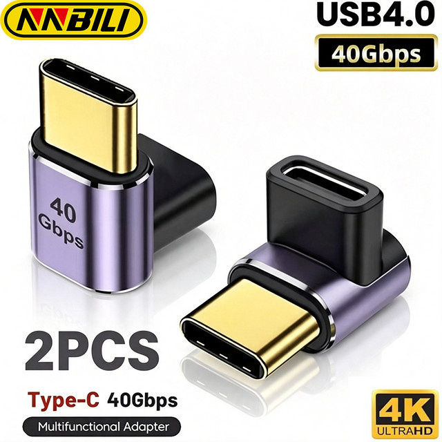 NNBILI 2 Stück USB4.0 Adapter 40 Gbit/s 90 Grad rechtwinklig USB Typ C Stecker auf Buchse mit 100 W Schnellladefunktion für Laptops und MacBook - Bild 1