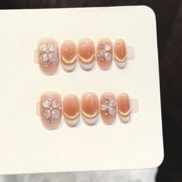 YADORNOS Künstliche Nagelspitzen, Kurz Oval, Gold-Katzenauge-Strass-Blumen-Dekor, Glänzend, Damen, 10 Stück - Bild 1