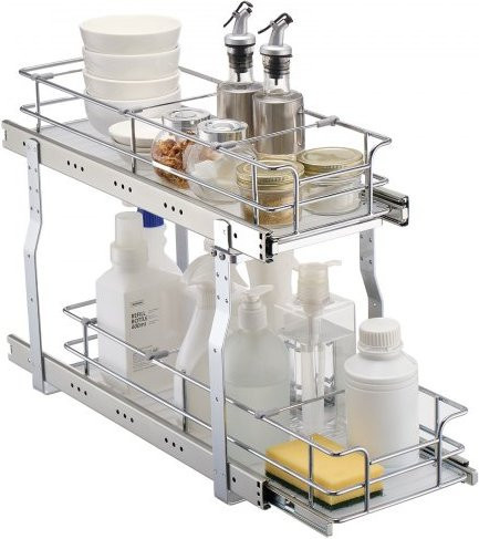 VEVOR Ausziehbarer Spülschrank-Organizer aus Stahl in Silber Matt, 2-lagiges Küchenregal und Lagerregal für unter das Waschbecken, Einbaumaß B: 24,5 cm, T: 56,3 cm, H: 48,5 cm - Bild 1